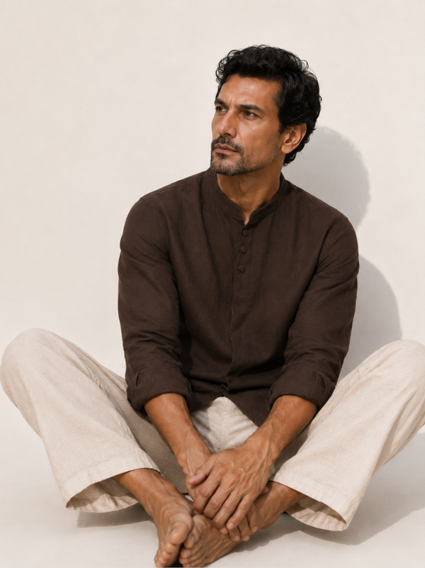 Mandarin Concealed Placket Linen Shirt - Brown
