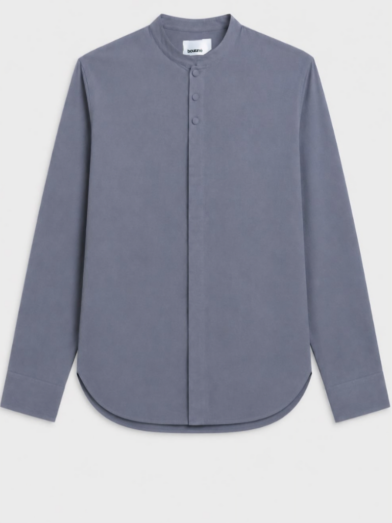 Mandarin Concealed Placket Linen Shirt - Blue