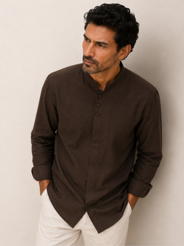 Mandarin Concealed Placket Linen Shirt - Brown