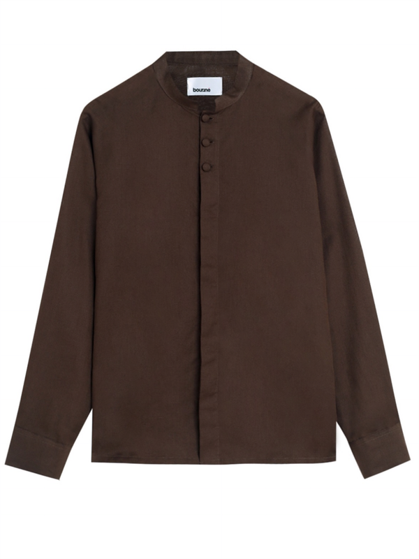 Mandarin Concealed Placket Linen Shirt - Brown