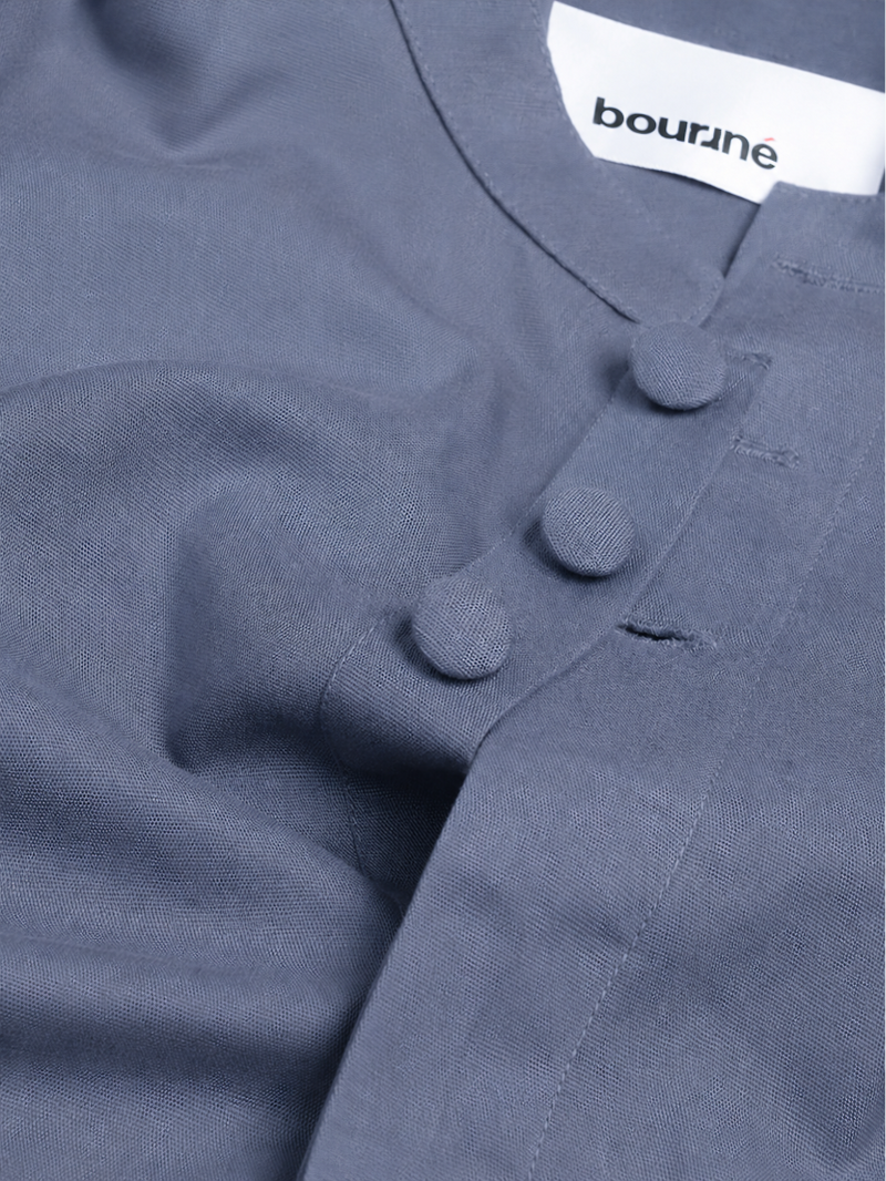 Mandarin Concealed Placket Linen Shirt - Blue