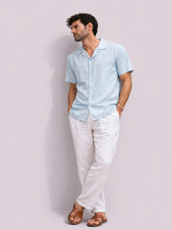 Sky Blue Cuban Collar Linen Shirt