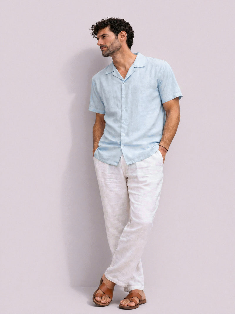 Sky Blue Cuban Collar Linen Shirt