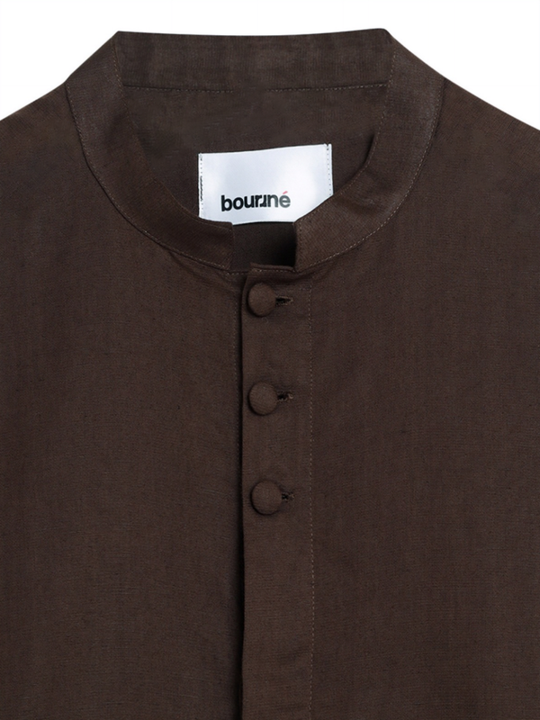 Mandarin Concealed Placket Linen Shirt - Brown