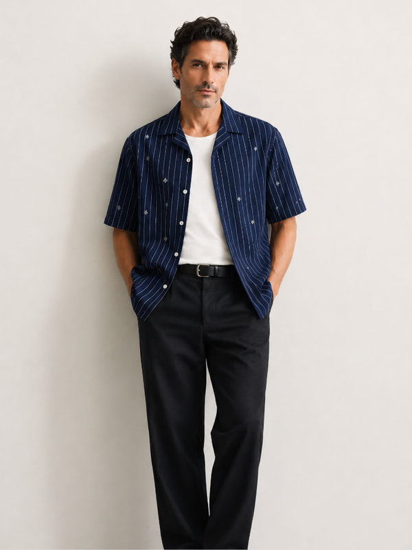 Artisan Block Print Cotton Shirt - Navy