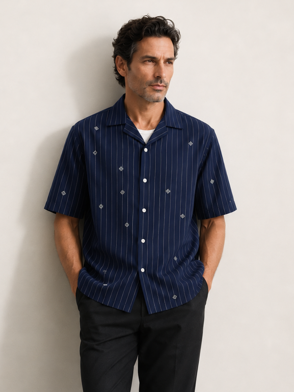 Artisan Block Print Cotton Shirt - Navy