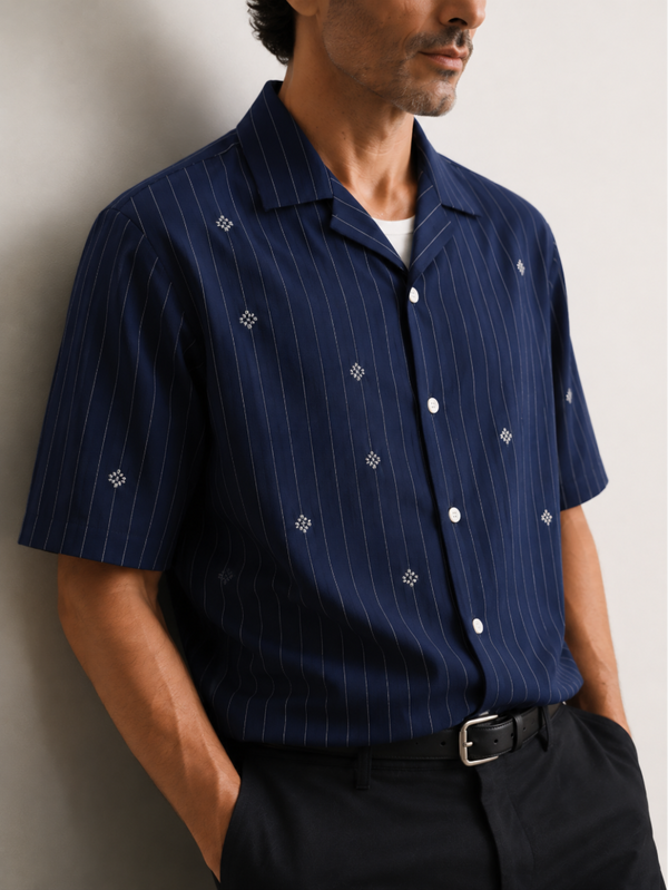 Artisan Block Print Cotton Shirt - Navy