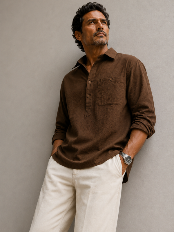Viscose Nylon Cuff Collar Kurta - Brown