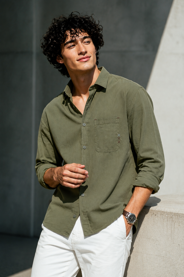 Olive Green Linen Blend Shirt