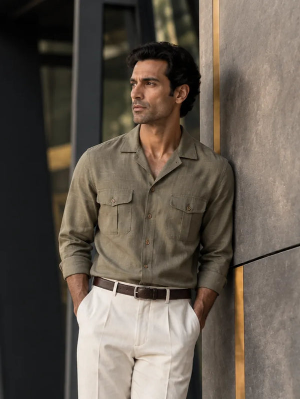 Cotton Lyocell Utility Shirt - Mud Green