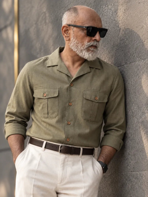 Cotton Lyocell Utility Shirt - Mud Green