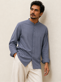 Mandarin Concealed Placket  Linen Shirt - Blue