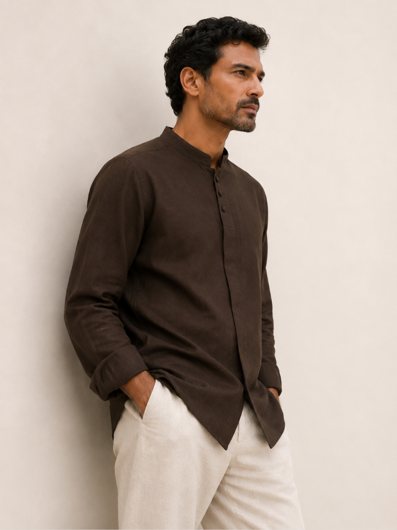 Mandarin Concealed Placket  Linen Shirt - Brown