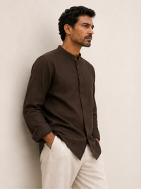 Mandarin Concealed Placket  Linen Shirt - Brown