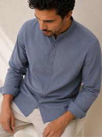 Mandarin Concealed Placket  Linen Shirt - Blue