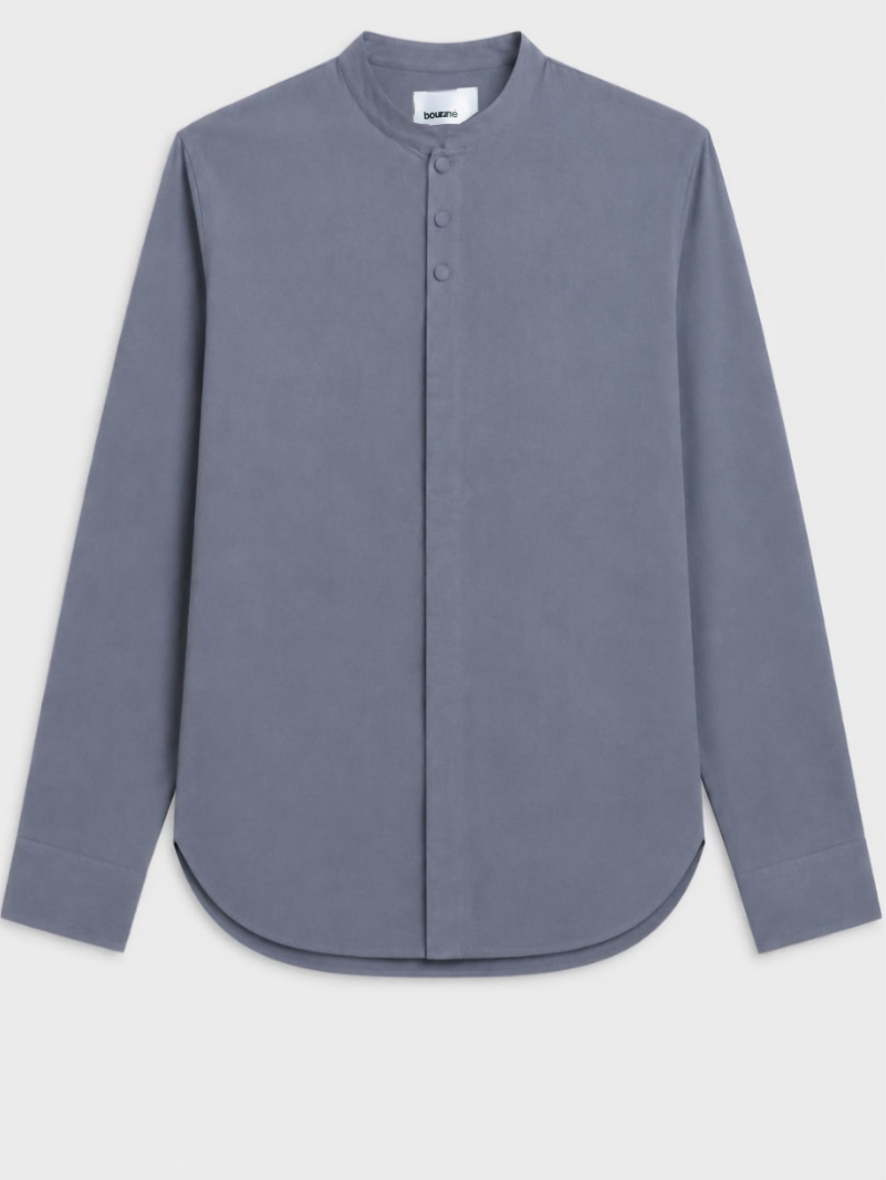 Mandarin Concealed Placket  Linen Shirt - Blue