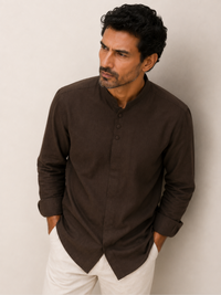 Mandarin Concealed Placket  Linen Shirt - Brown