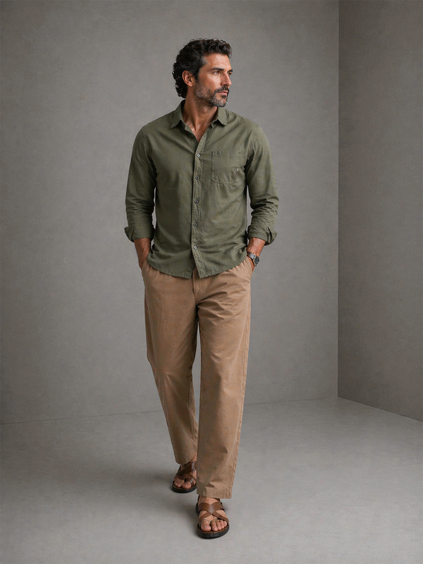 Olive Green Linen Blend Shirt