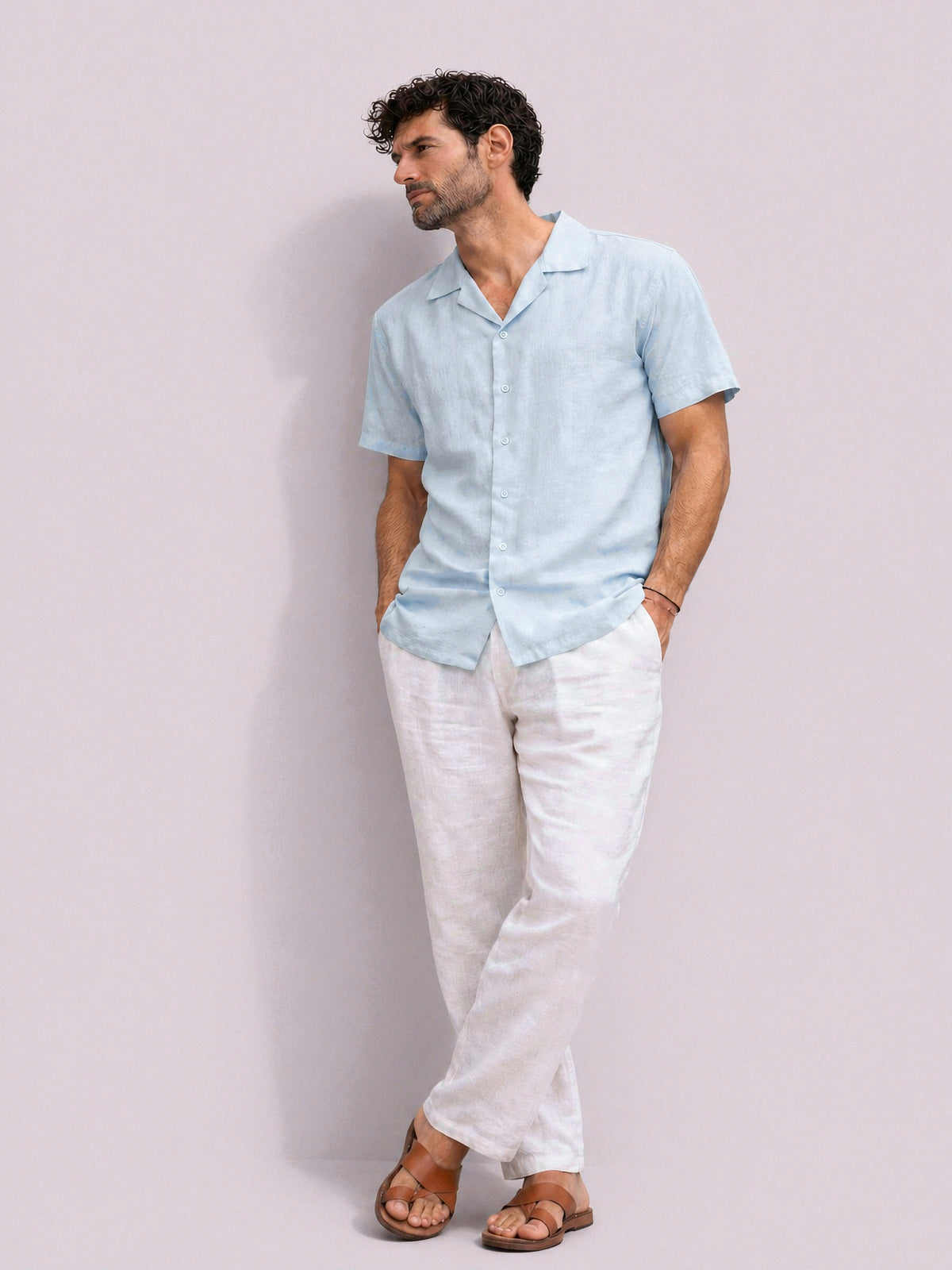 Sky Blue Cuban Collar Linen Shirt