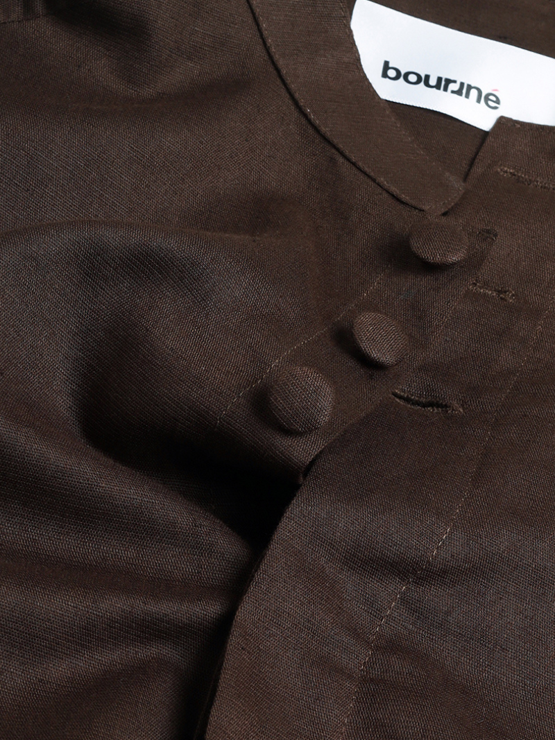 Mandarin Concealed Placket  Linen Shirt - Brown