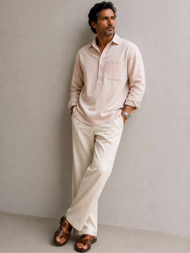 Viscose Nylon Cuff Collar Kurta - Creme
