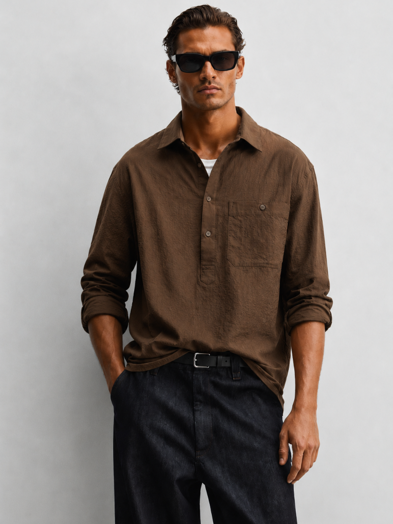 Viscose Nylon Cuff Collar Kurta - Brown