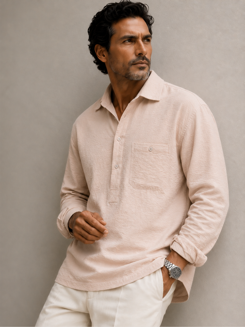 Viscose Nylon Cuff Collar Kurta - Creme