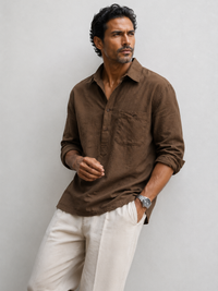 Viscose Nylon Cuff Collar Kurta - Brown