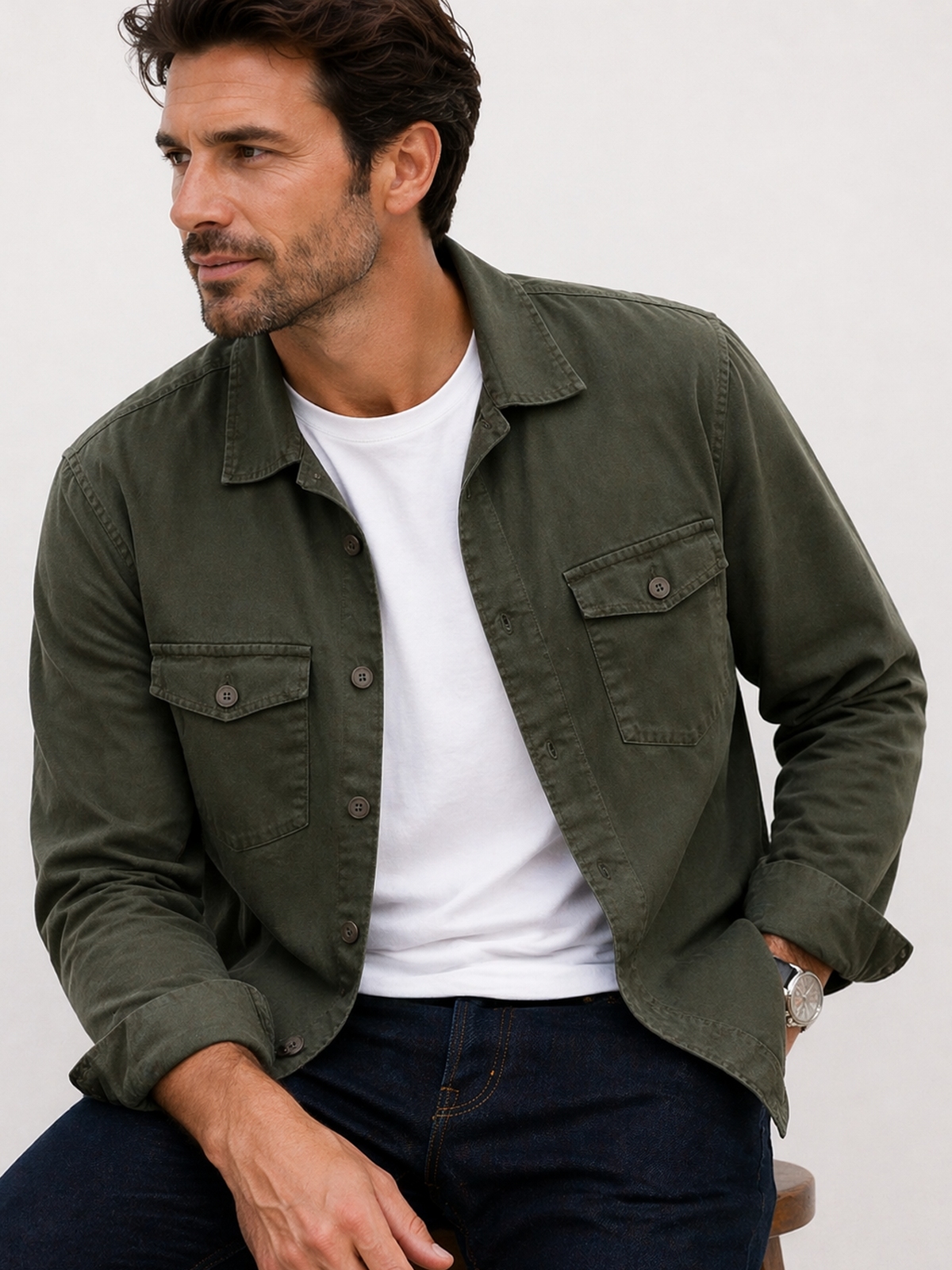 Olive Washed Stretch  Shacket