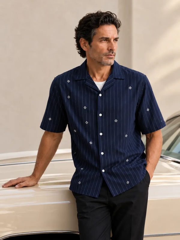 Artisan Block Print  Cotton Shirt - Navy
