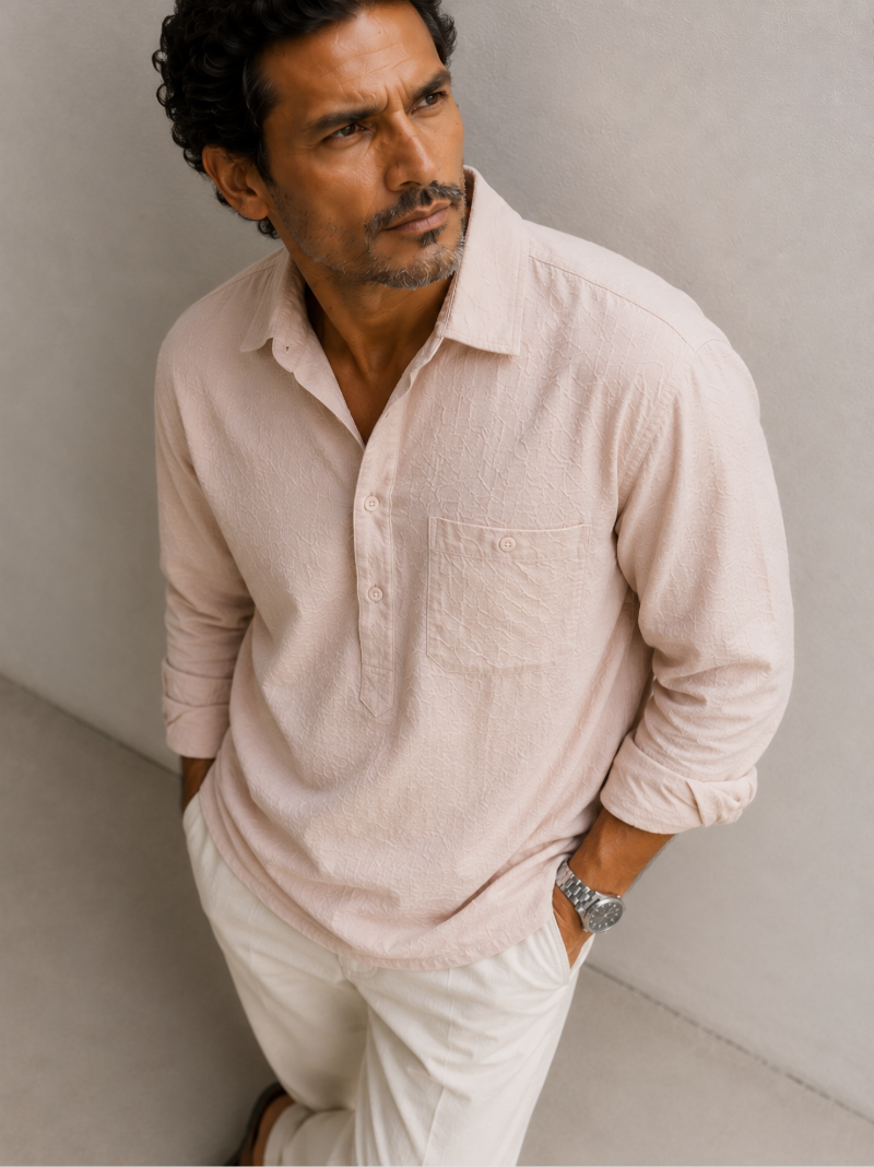 Viscose Nylon Cuff Collar Kurta - Creme