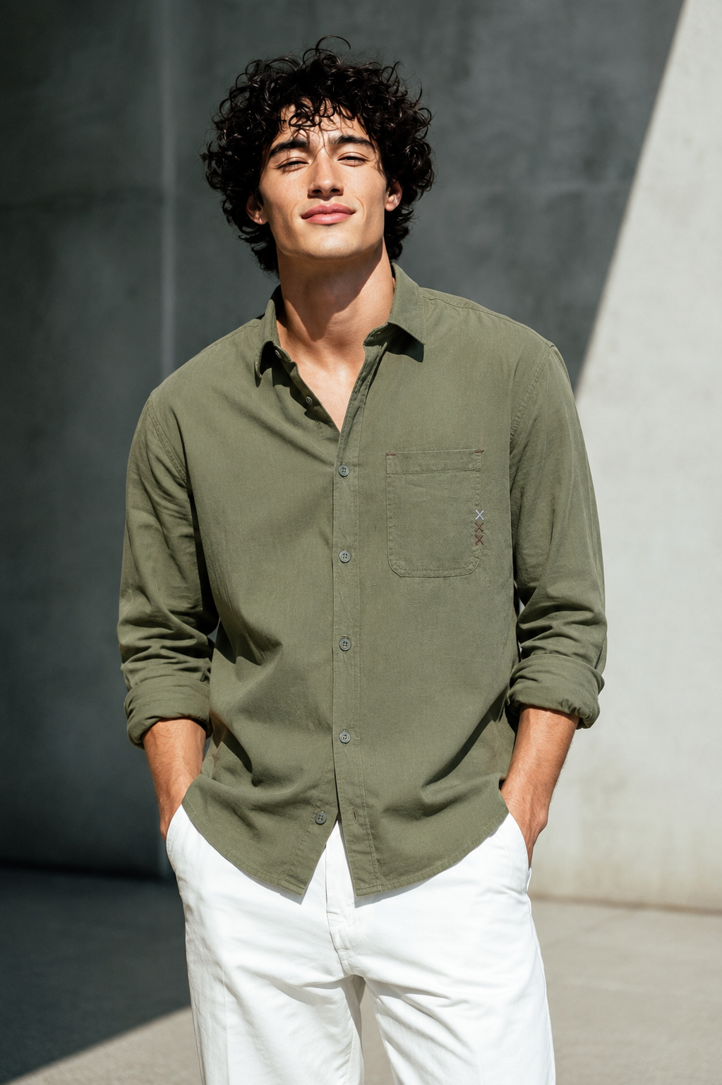 Olive Green Linen Blend Shirt