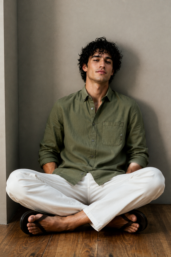 Olive Green Linen Blend Shirt